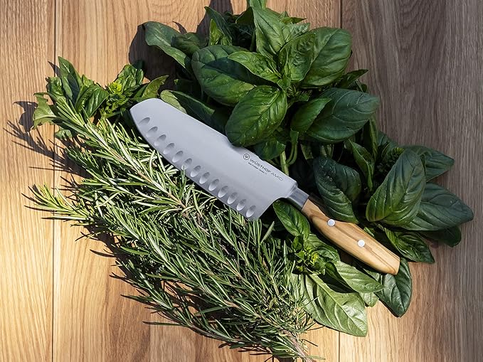Wüsthof AMICI 7" Hollow Edge Santoku Knife, Tan