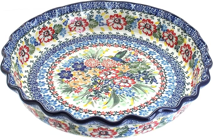 Blue Rose Polish Pottery - Red Hummingbird Pie Plate - 10" Diameter - Ceramic Baking Dish, For Pies, Quiches & Desserts