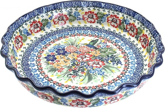 Blue Rose Polish Pottery - Red Hummingbird Pie Plate - 10" Diameter - Ceramic Baking Dish, For Pies, Quiches & Desserts