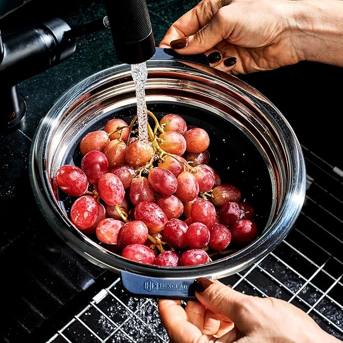 HexClad 2-Piece Steamer Basket Set for Steaming and Draining, Fits HexClad's 3 and 8Qt Pots, Dishwasher-Safe, Space-Saving Design, Heat-Safe to 425ºF, Non-Slip Handles, Silicone and Stainless Steel