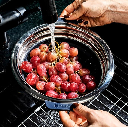 HexClad 2-Piece Steamer Basket Set for Steaming and Draining, Fits HexClad's 3 and 8Qt Pots, Dishwasher-Safe, Space-Saving Design, Heat-Safe to 425ºF, Non-Slip Handles, Silicone and Stainless Steel