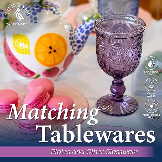 Yungala Purple Wine Glasses set of 6 purple goblets. GLASS goblets for wine, water or cocktails, vintage glassware and DISHWASHER SAFE, colorful glassware.