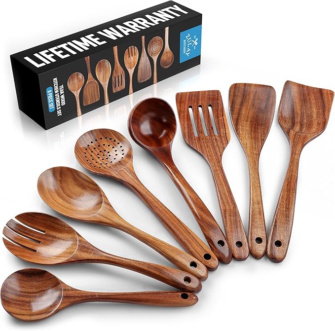 Zulay Kitchen Premium 8-Piece Wooden Spoons - Smooth Finish, Natural Teak Wood, Non-Stick, Handmade