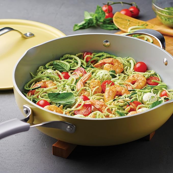 Tramontina All-in-One Plus Pan Set, 5-Quart Ceramic Non Stick Cooking Pan with Lid, Steamer Insert, Bamboo Utensil and Trivet, Yellow