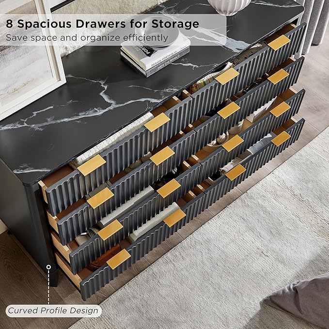 T4TREAM Fluted 8 Drawers Dresser, 54" Wide Modern Chest of Drawers with Faux Marble Top, Curved Profile Design, Dresser TV Stand, Wood Drawer Organizer for Bedroom, Living Room, Hallway, Dark Grey