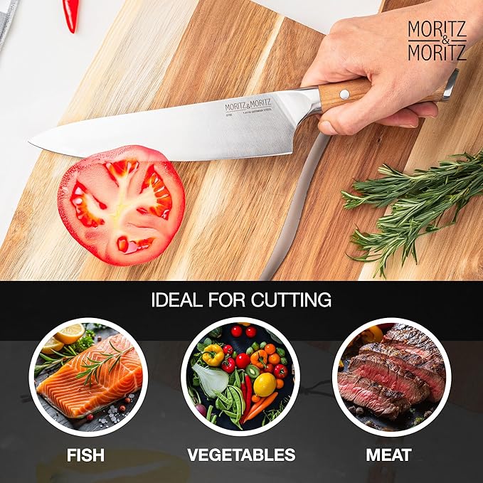 Moritz & Moritz 8-Inch Chefβs Knife, German Stainless Steel Kitchen Knife with Acacia Wood Handle, Professional All-Purpose knives for Slicing, Chopping & Dicing, Razor Sharp & Ergonomic