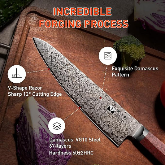 Damascus Chef Knife VG-10 Steel 67-Layer Damascus Professional 8-inch Kitchen Knife Full Tang Ergonomic Natural Wood handle,Razor Sharp Cooking Knife with Exquisite Box