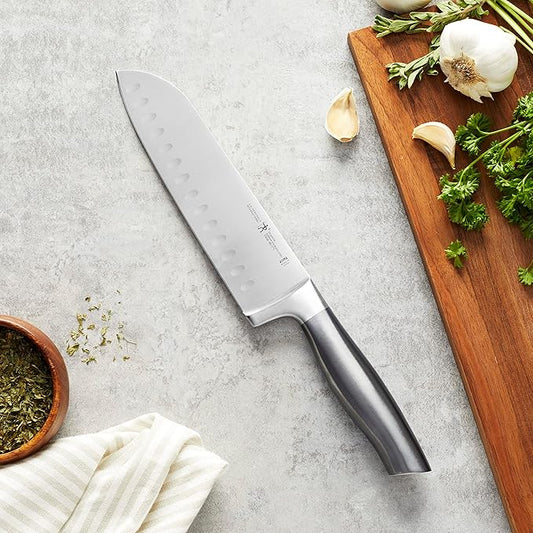 HENCKELS Graphite Razor-Sharp 7-inch Hollow Edge Santoku Knife, German Engineered Informed by 100+ Years of Mastery, Gray