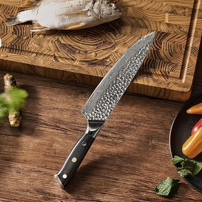 KYOKU Chef Knife - 8"- Shogun Series Japanese VG10 Steel Core Hammered Damascus Blade Kitchen Knife - with Sheath & Case