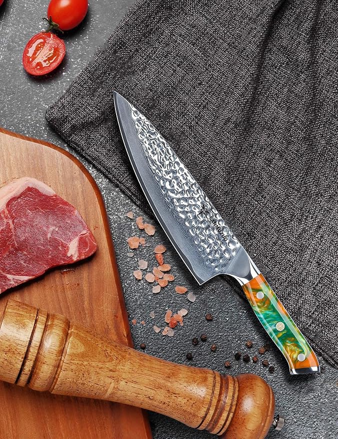 8" Chef Knife - Professional Kitchen Knife - Hammered Damascus Steel & Resin Handle - YAO Series