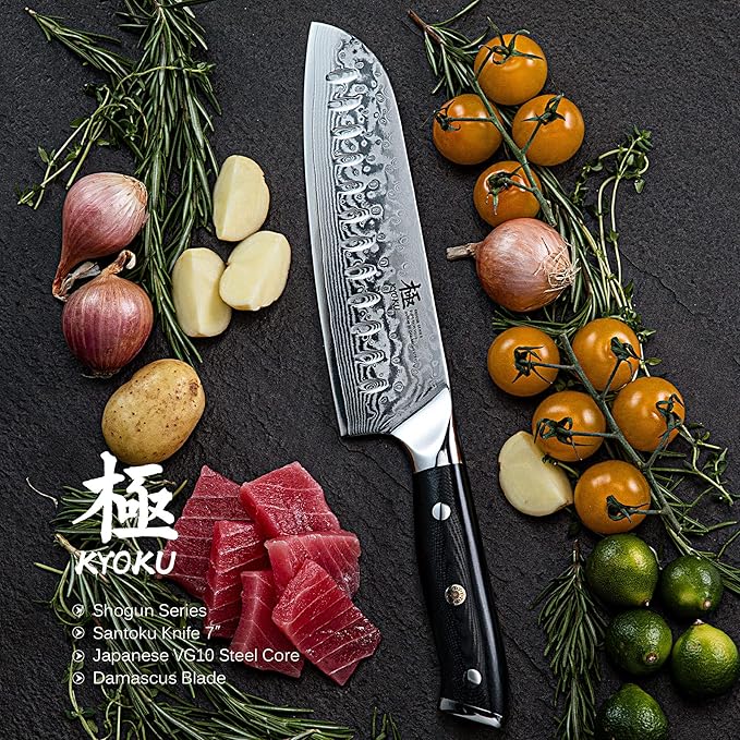 KYOKU Santoku Knife - 7" - Shogun Series - Japanese VG10 Steel Core Forged Damascus Blade - with Sheath & Case