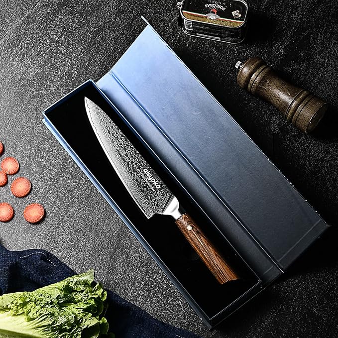 Damascus chef knife 8-inch sharp kitchen knife Japan VG-10 stainless steel ergonomic color wooden handle luxury gift box - with scabbard