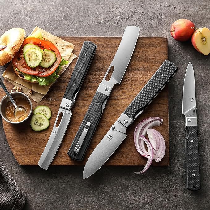 SENBON 440 Stainless Steel Sharp Set Folding Chef Knife Peeling Knife Fruit Knife Carbon Fiber Handle Camping Barbecue Outdoor Portable Kitchen Knife with Back Clip