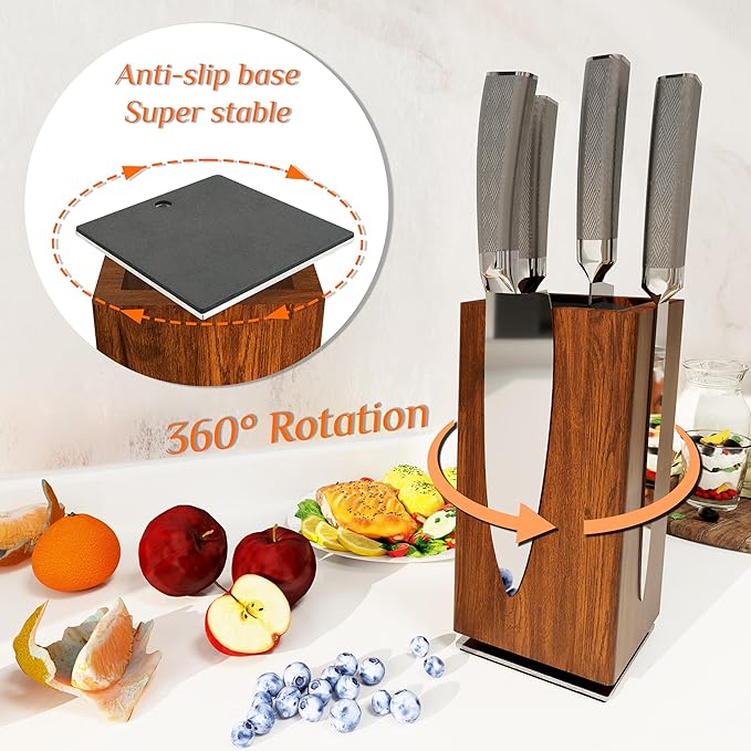 360° Rotating Magnetic Knife Block without Knives - Universal Holder for Counter Top with Removable Bristles, Acacia Wood