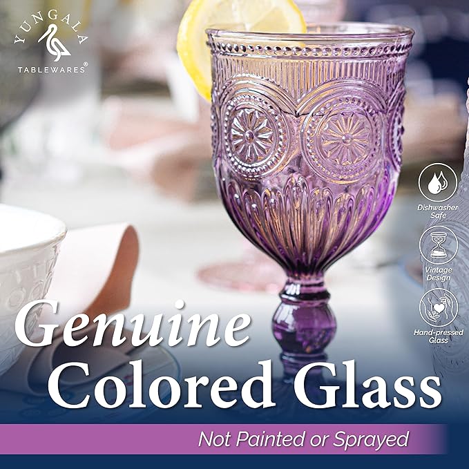 Yungala Purple Wine Glasses set of 6 purple goblets. GLASS goblets for wine, water or cocktails, vintage glassware and DISHWASHER SAFE, colorful glassware.