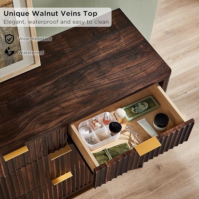 T4TREAM Fluted 7 Drawers Dresser, 54" Wide Modern Chest of Drawers, Curved Profile Design, Dresser TV Stand, Wood Drawer Organizer for Bedroom, Living Room, Hallway, Dark Walnut