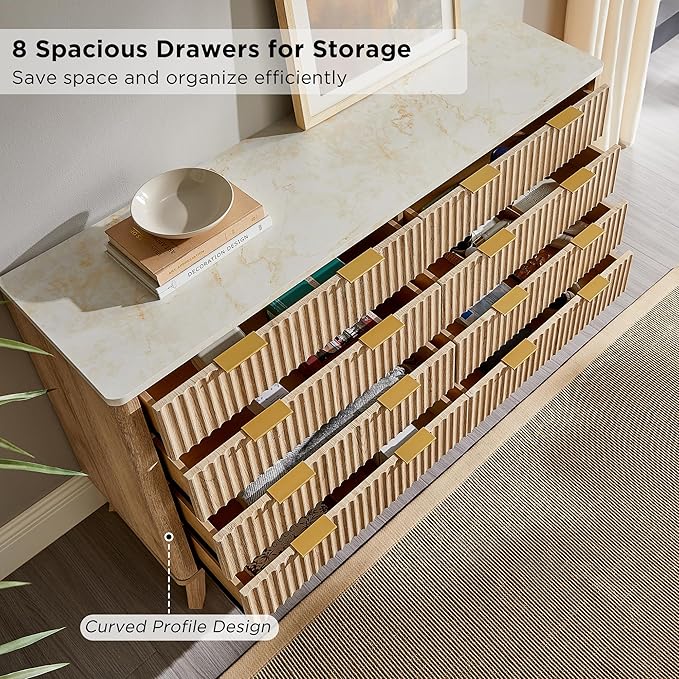 T4TREAM Fluted 8 Drawers Dresser, 54" Wide Modern Chest of Drawers with Faux Marble Top, Curved Profile Design, Dresser TV Stand, Wood Drawer Organizer for Bedroom, Living Room, Hallway, Natural Oak