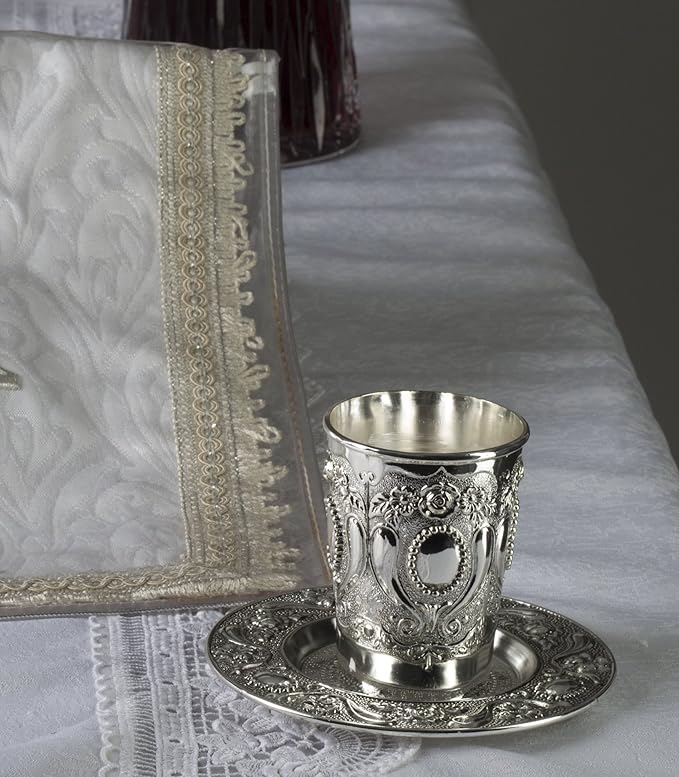 Ner Mitzvah Kiddush Cup and Tray - Premium Quality Nickel Plated Wine Cup - For Shabbat and Havdalah - Judaica Shabbos and Holiday Gift