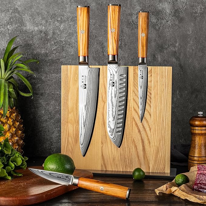 Damascus Knife Set with Block, Chef Knife Set Professional 67-Layer Damascus VG10 Steel, Olive Wood Handle with Gift Box