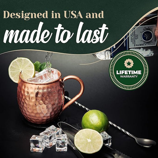 Moscow Mule Copper Mugs Set of 6 (16oz) | Food Grade 100% Pure Copper Cups | Handcrafted w/Lacquered Hammered Finish, Smooth Rounded Lip, Ergonomic Handle (No Rivet) w/Solid Grip
