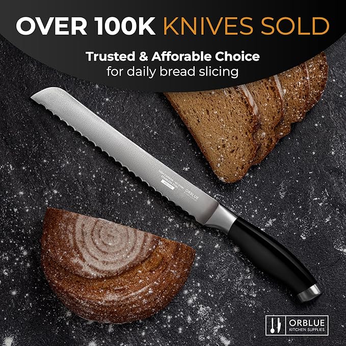 Orblue Serrated Bread Knife Ultra-Sharp Stainless Steel Professional Grade Bread Cutter - Cuts Thick Loaves Effortlessly - (8-Inch Blade with 5-Inch Handle), Black