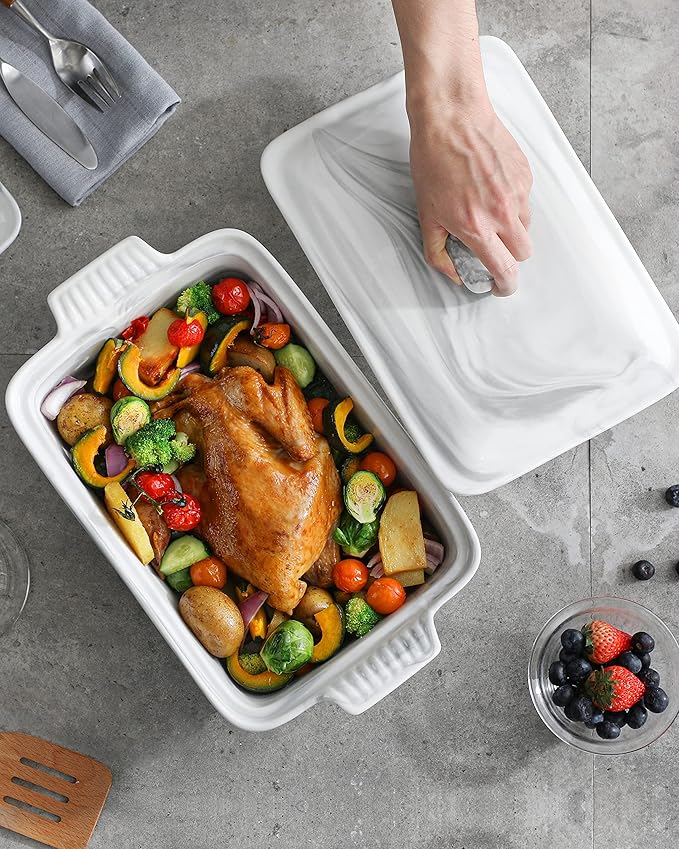 MALACASA Casserole Dish With Lid, 3.4 Quart Baking Dish With Lid, Lasagna Pan Deep Ceramic Bakeware Covered Casserole Dish, Microwave, Oven Safe, Series BAKE-GREY