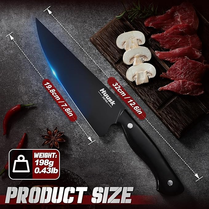Huusk Japanese Chef Knife for Kitchen - 8in Stainless Kitchen Knife with Black Titanium Coating, All Purpose Cooking Knives for Vegetable & Meat Cutting, Ultra Sharp Gyuto Knives, Fathers' Day Gifts