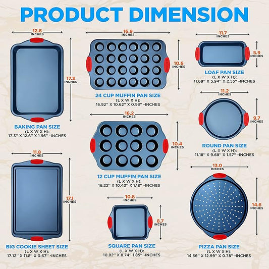 NutriChef 10-Piece Nonstick Bakeware Set - Deluxe Carbon Steel with Blue Silicone Coating, Red Handles, Professional Grade Kitchen Essentials, Ideal for Baking Cakes, Cookies, and More (Blue)
