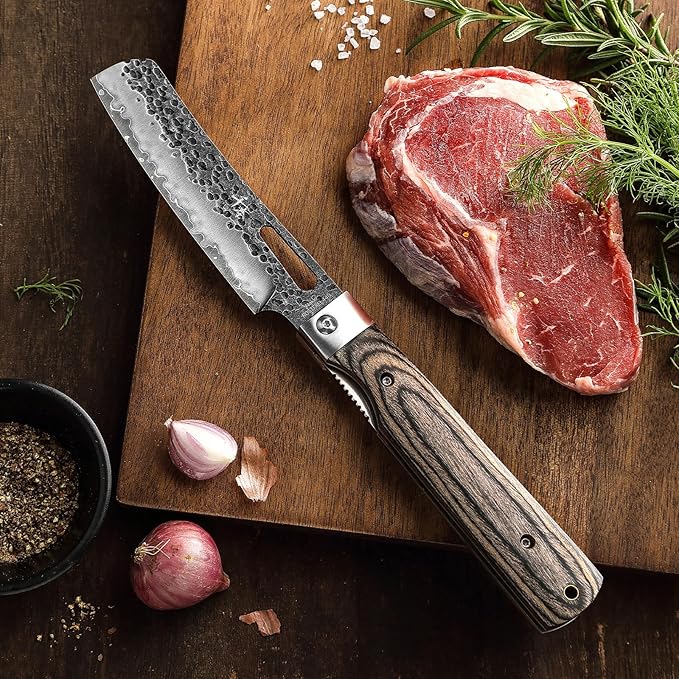 SENBON 440A Forged Stainless Steel Sharp Folding Chef Knife Peeling Utility Knife Fruit Knife Colorful Wood Handle Camping Barbecue Outdoor Pocket Portable Kitchen Knife