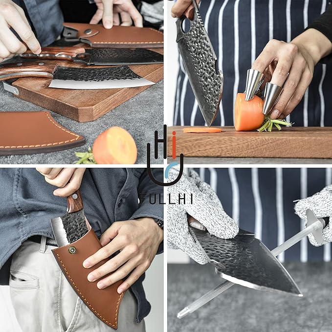 FULLHI Butcher Knife Set with Kitchen Shears, Hand Forged Chef Boning Knife With Scissors High Carbon Steel Carving Fish Chef Knife For Kitchen, Camping, BBQ