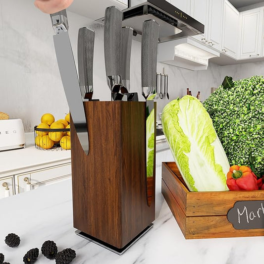 360° Rotating Magnetic Knife Block without Knives - Universal Holder for Counter Top with Removable Bristles, Acacia Wood
