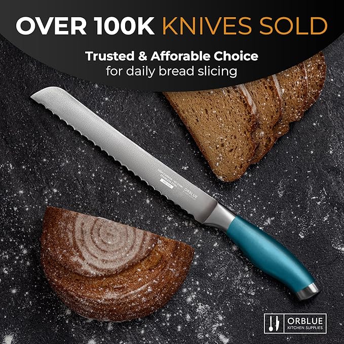Orblue Serrated Bread Knife Ultra-Sharp Stainless Steel Professional Grade Bread Cutter - Cuts Thick Loaves Effortlessly - (8-Inch Blade with 5-Inch Handle), Blue