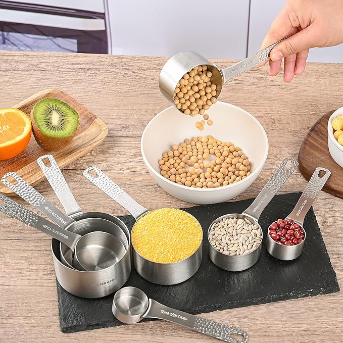 Measuring Cups and Spoons Set 19, Stainless Steel Measuring Cups and Spoons Set for Baking, Metric &US Metal Kitchen 8 Measuring Cup & 9 Measure Spoon & Equivalents & Leveler Set
