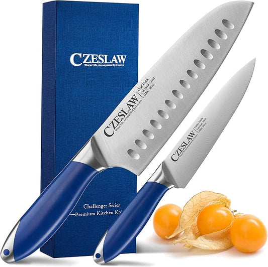Santoku Knife 2pcs, Japanese 7" Chef Knife & 5" Vegetable Knife, Forged High Carbon German Steel, Full Tang & Razor Sharp, Ergonomic Prussia Blue Handle Design, cooking gifts cooks