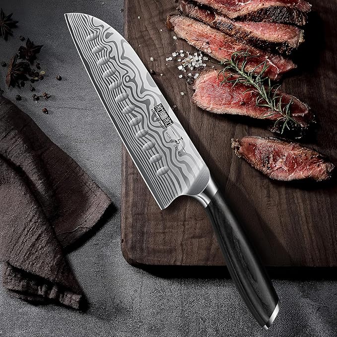 7 Inch Santoku Knife, Ultra Sharp Japanese High Carbon Powder Steel Kitchen Knife, Professional Chefs Knife with Ergonomic Handle