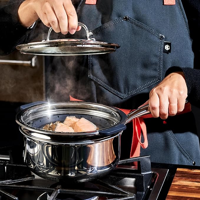 HexClad 2-Piece Steamer Basket Set for Steaming and Draining, Fits HexClad's 3 and 8Qt Pots, Dishwasher-Safe, Space-Saving Design, Heat-Safe to 425ºF, Non-Slip Handles, Silicone and Stainless Steel