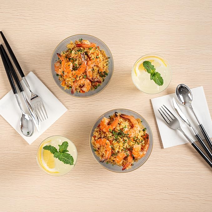 Restaurantware Plastic Bowls 100 Pcs 16 oz Gold Rimmed Disposable Soup Bowls Heavy-Duty Blue Translucent Rippled Dinnerware Containers for Party, Desserts, Salads, Snacks, and Catering