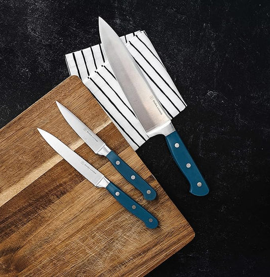 Chef's Knife Set, 4 Piece Cutlery Knife Set, Superior Forged High Carbon Stainless Steel Ultra Sharp 8 Inch Chef, 7 Inch Santoku, 5 Inch Utility, 3.5 Inch Paring Knives, Royal Blue