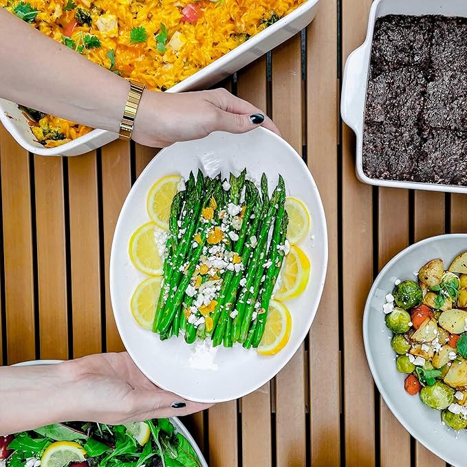 Mora Ceramic Large Serving Bowls- Set of 2 Oval Platters for Entertaining. Modern Kitchen Dishes for Dinner, Fruit, Salad, Turkey, etc. Oven, Dishwasher Safe, 55/35 oz, 13.5" / 11.8" - Earl Grey