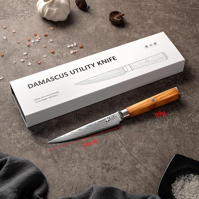 Damascus Utility Knife- 5 inch Small Kitchen Knife Damascus VG10 Steel 67-Layer -Olive Wood Handle - Razor Sharp Knife with Exquisite Box