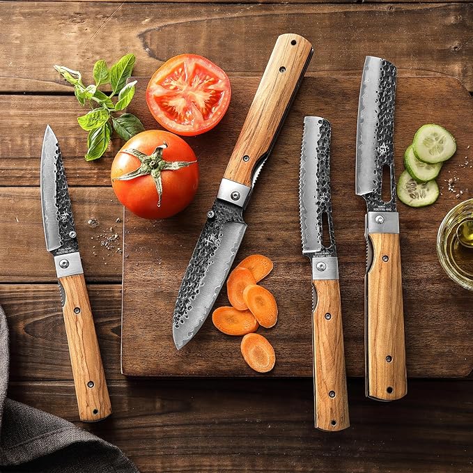 SENBON Forged 440A Stainless Steel Gift wrapped 4 piece set sharp pocket folding chef knife universal peeling bread knife set portable kitchen knives with natural olive handle