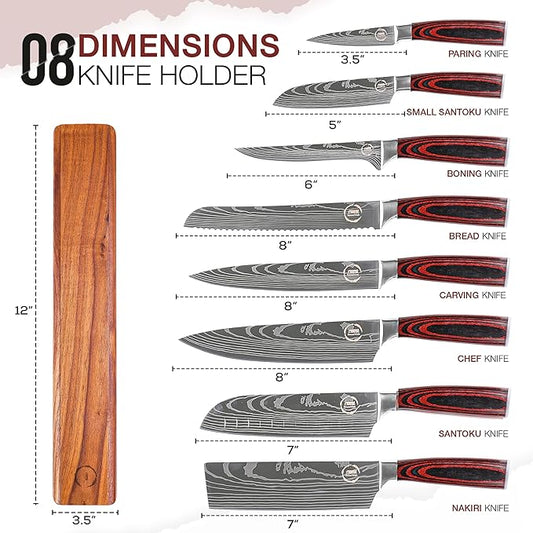 8 PC Chef Knives - High Carbon Stainless Steel Knives With Pakkawood Handles - Magnetic Strip Holder Included - Japanese Knife Set - Home & Professional Chef's Knife Set