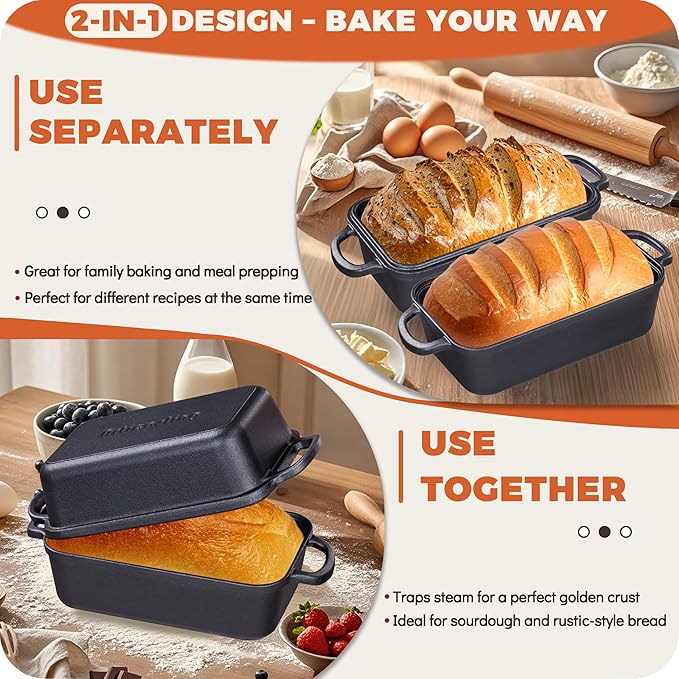 Cast Iron Bread Loaf Pan with Lid to Piece Set, Loaf Pans for Baking Bread 9x5, Even Heat Distribution for Sourdough and Homemade Bread