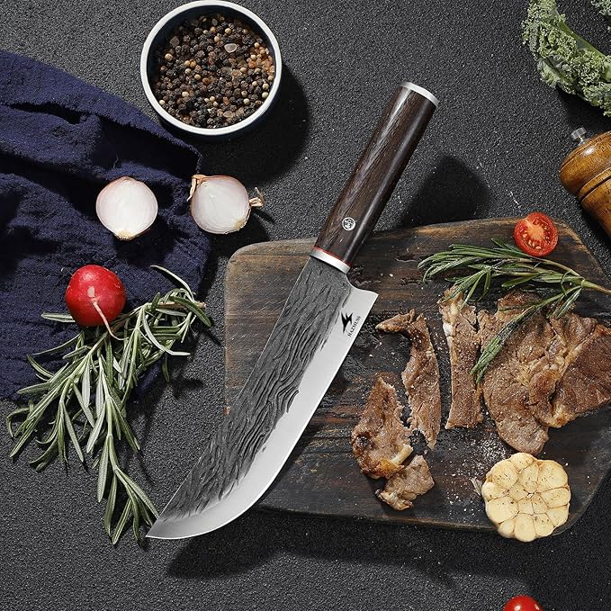 Professional 7.8-inch Chef Knife, High Carbon Stainless Steel Blade for Cutting Meat, with Leather Sheath Scabbard, Ash Wood Handle, Suitable for Kitchen, Outdoor Cooking, BBQ