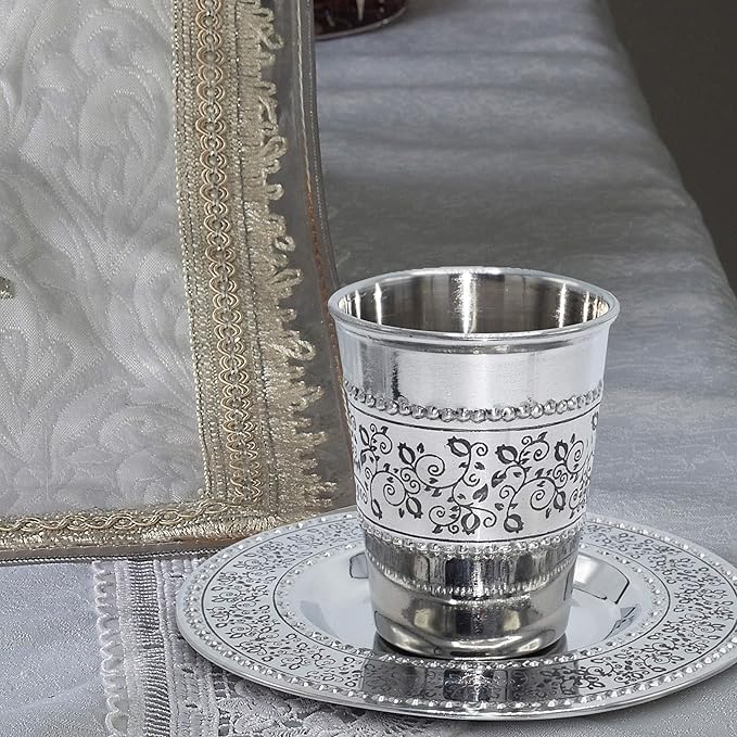 Ner Mitzvah Kiddush Cup and Tray - Premium Quality Stainless Steel Wine Cup - For Shabbat and Havdalah - Judaica Shabbos and Holiday Gift