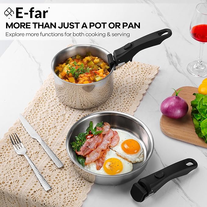 E-far 9pcs Stainless Steel Cookware Set, 3-Ply Pots and Pans Set w/Detachable Handle & Lid, Induction Cookware Kitchen Cooking Set for RV Camping, Nontoxic Whole Clad Frying/Saute/Sauce Pan, Oven Safe