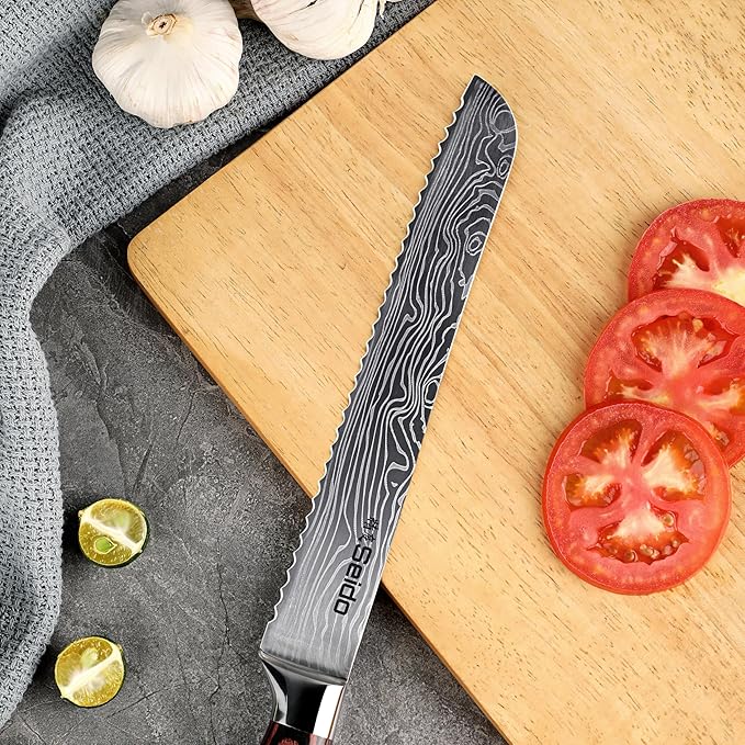 Seido Knives Master 8 Inch Serrated Bread Knife – High Carbon Stainless Steel Blade with Damascus Pattern Scalloped Serrations Full Tang & Ergonomic Pakkawood Handle