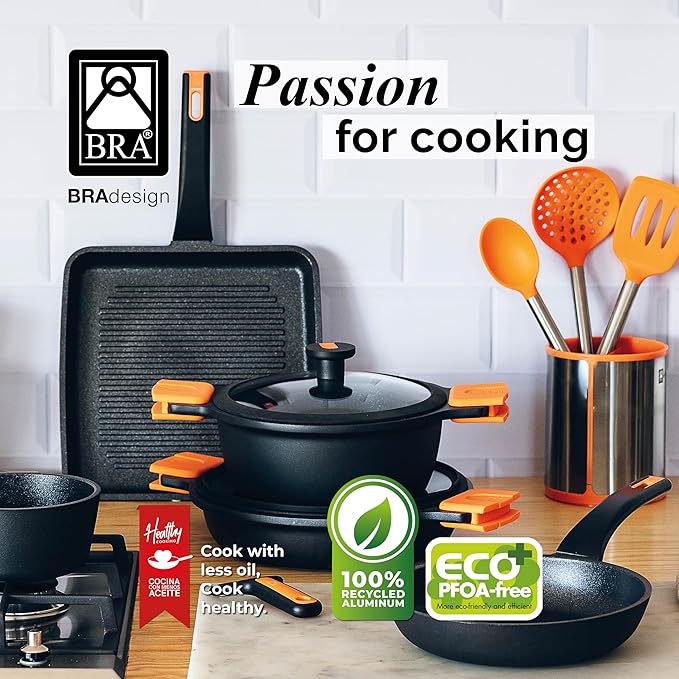 BRA COOKWARE Efficient Pro 2 Frying Pan Set | 8 + 10.2 inches Cast Aluminum Frypans | Profile Plus Non-Stick | All Heat Sources Compatible | PFOA Free | Heat-Resistant Handle | Non Deformable