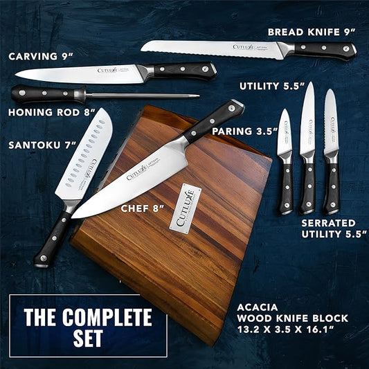 Cutluxe Kitchen Knife Set – 8 Pcs Professional Chef Knife Set with Block – Razor Sharp Knives with Full Tang Design, High Carbon German Steel, Natural Acacia Wood Block – Artisan Series