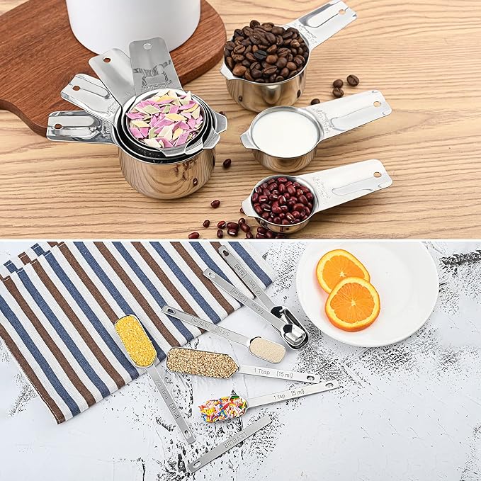 Measuring Cups and Spoons Set, 18/8 Stainless Steel Measuring Cups and Spoons set 17, Metal 7 Metric Measure Cups and 9 Dry Measure Spoons with 1 Leveler for Kitchen & Baking